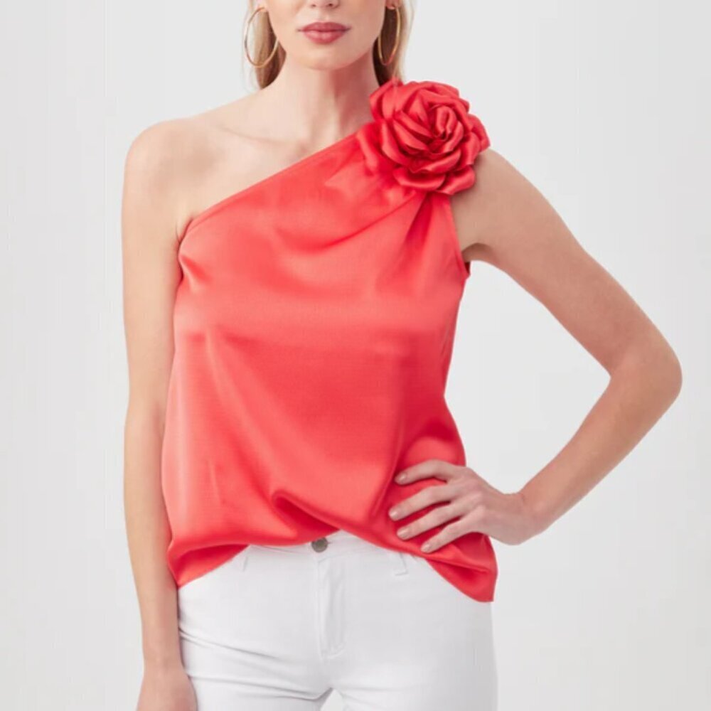 Trina Turk 'Solaro' One-Shoulder Hammered-Satin Top, Capri Coral